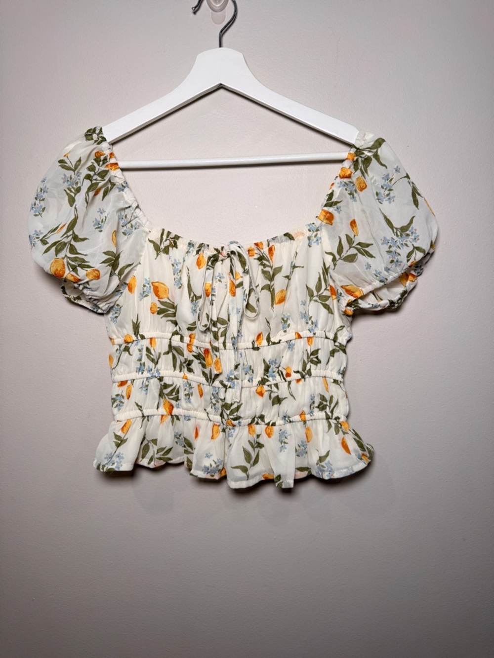 Japna Floral Puff Sleeve Smocked Crop Top Size Medium